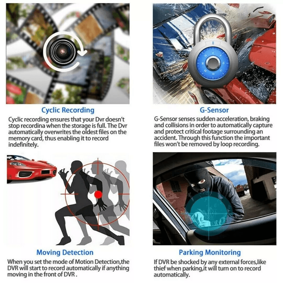 1080P 4 Dual Lens HD Car DVR Dash Cam Recorder With Rearview Camera GSensor Night Vision Motion Det 8