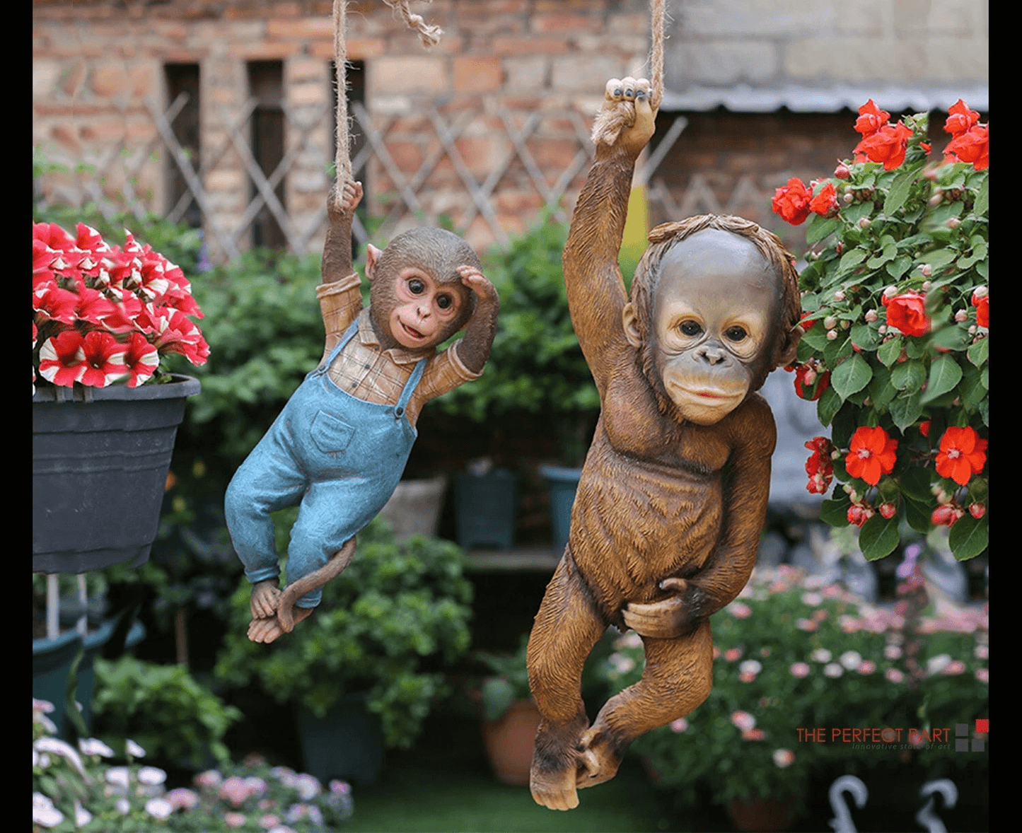 Realistic Monkey Chimp Hanging Rope Garden Ornament, Outdoor Resin Statue Sculpture Decor for Trees, Patios & Yards