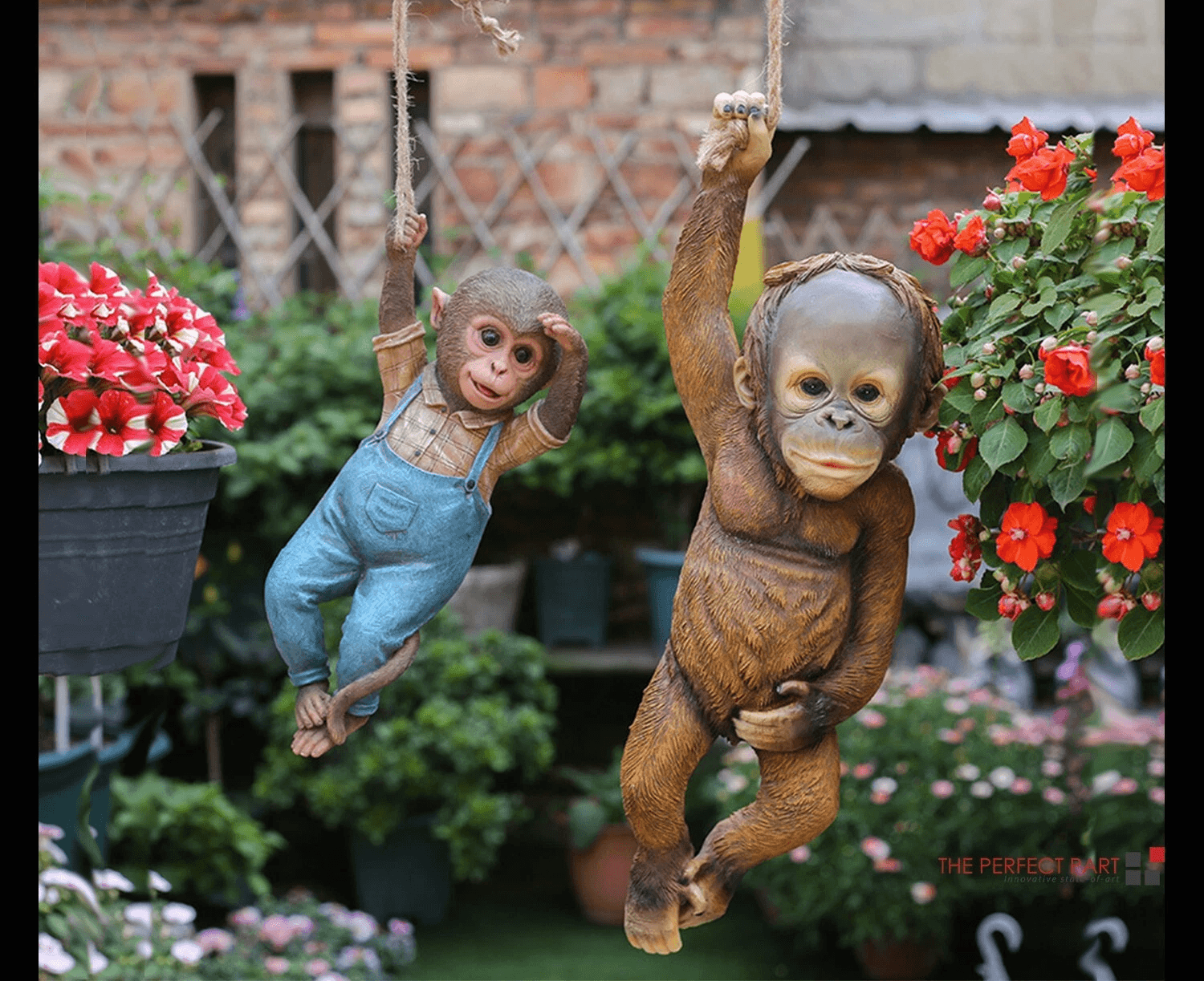 Realistic Monkey Chimp Hanging Rope Garden Ornament, Outdoor Resin Statue Sculpture Decor for Trees, Patios & Yards
