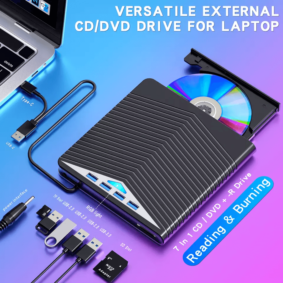 USB External CD DVD Drive for PC Laptop Windows 10/11, Burner & Reader for Easy File Access