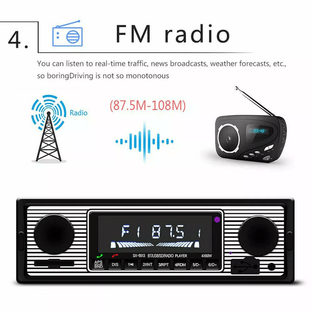 Bluetooth Vintage Car FM Radio MP3 Player USB Classic Stereo Audio Receiver With AUX SD Slot Remote 5