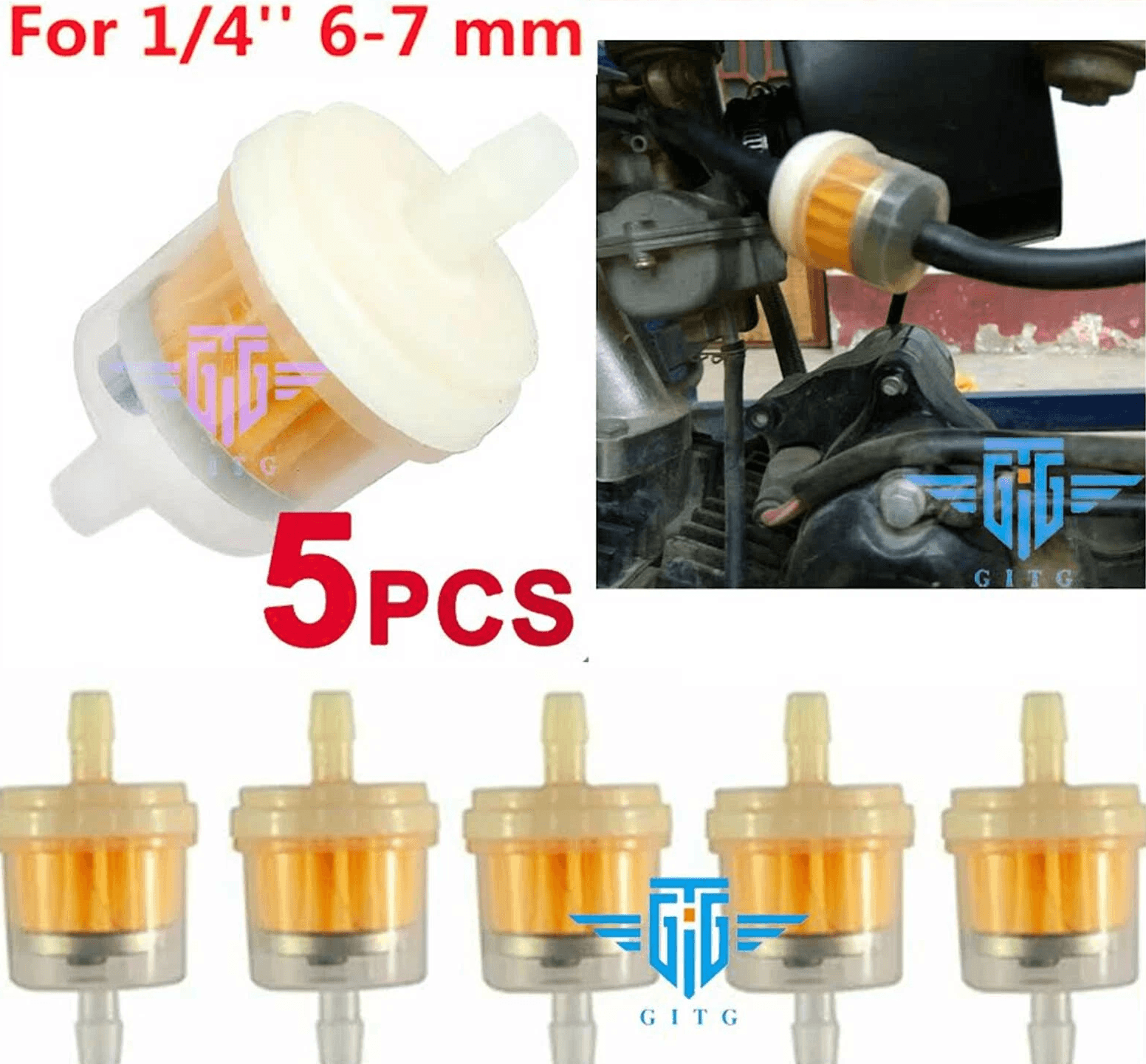 Universal Motor Inline Gas Oil Fuel Filter, 5 Pack for Small Engine Fuel Line Hose, Fits Mowers, Go Karts, Snowblowers