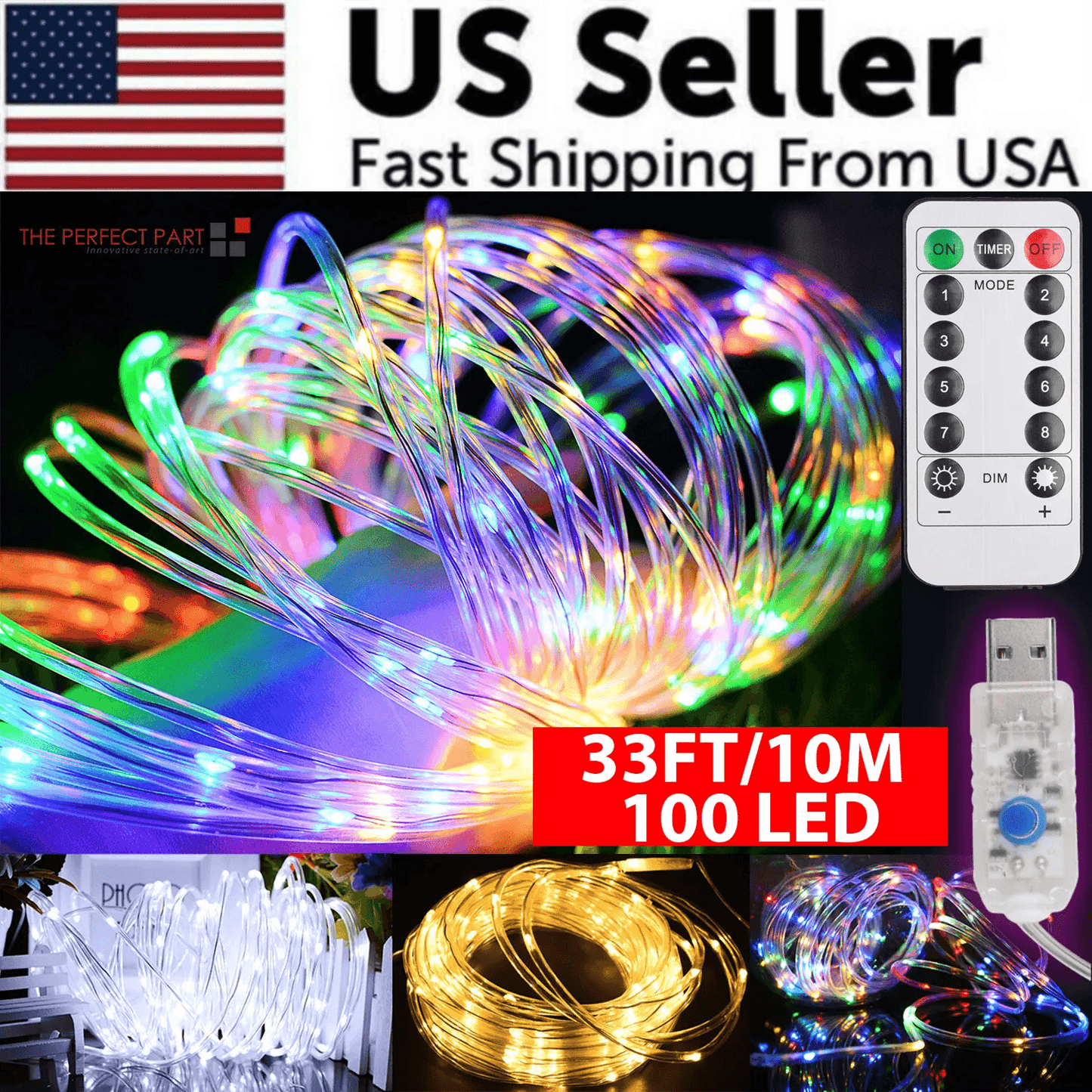 33FT 100 LED Strip Rope Light Tube String USB Powered Outdoor Waterproof Fairy Lights for Garden, Patio, Party, Wedding