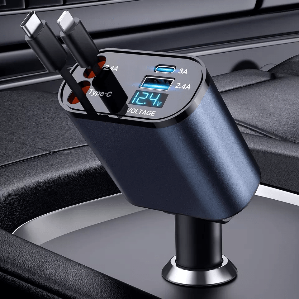 Retractable Car Charger,Fast Charge with USB-C & Lightning Cables