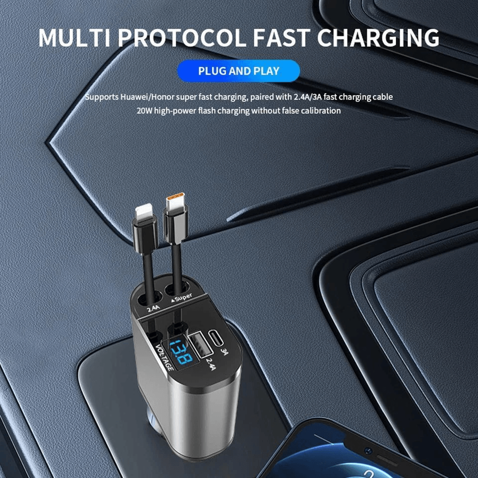 Retractable Car ChargerFast Charge With USBC  Lightning Cables 1