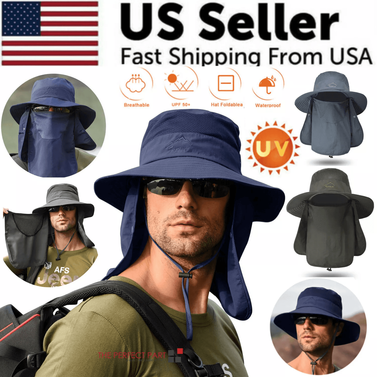 Wide Brim Sun Hat UV Protection Bucket Cap for Men Women Hiking, Camping, Fishing Safari Hat with Neck Flap Face Cover