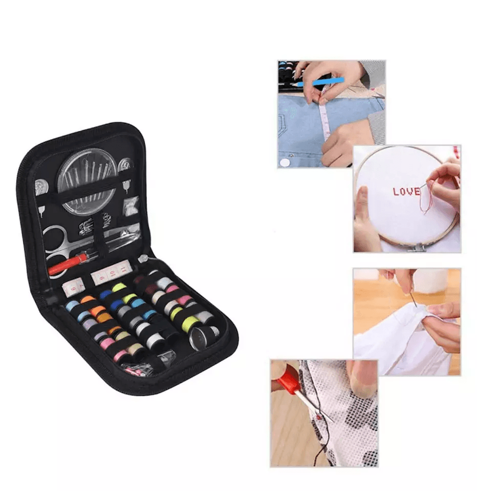 Compact Sewing Kit Thread Threader, Needle, Tape Measure, Scissors, Thimble, Travel & Home Repair Set in Black Case
