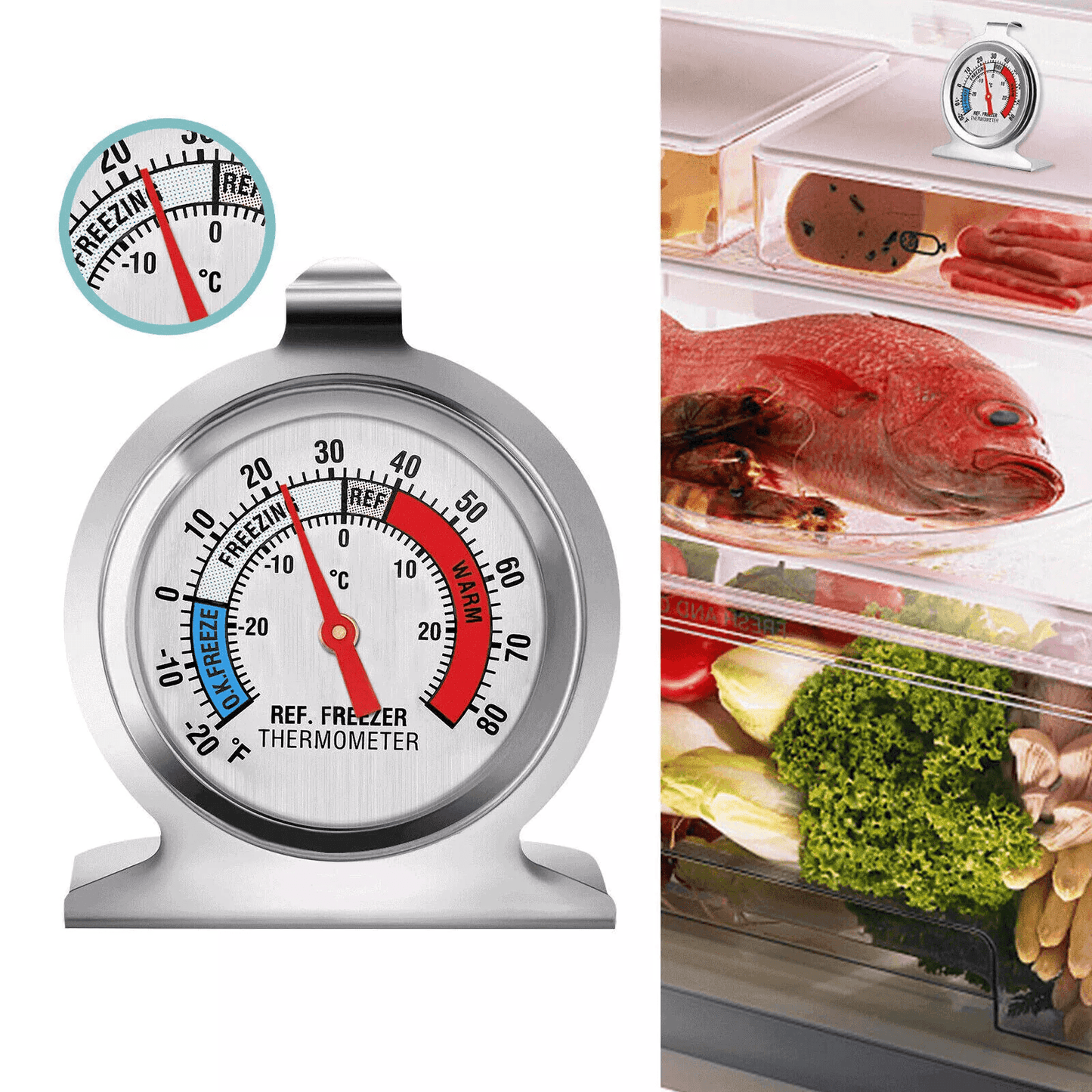 Stainless Steel Refrigerator Freezer Thermometer Dial Type Fridge Temperature Gauge with Hang Stand Design for Accurate