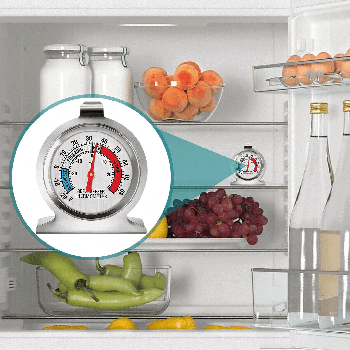 Stainless Steel Refrigerator Freezer Thermometer Dial Type Fridge Temperature Gauge With Hang Stand 1