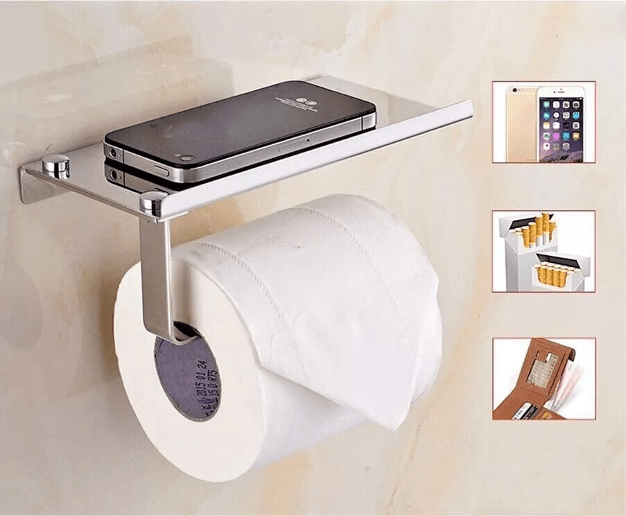 Wall Mounted Toilet Paper Holder with Phone Shelf, Bathroom Storage Rack
