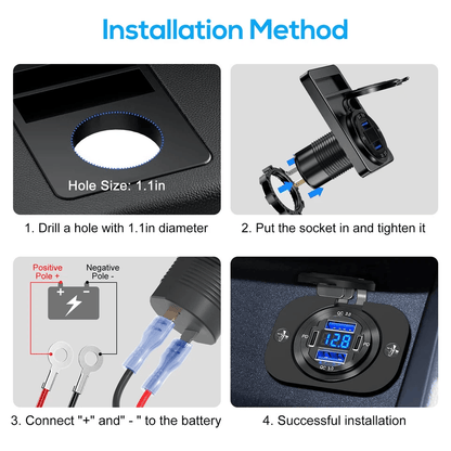 Quad Port Fast Car Charger QC 30  USBC Outlet Socket For Boat RV Marine Charging Voltmeter  Dustpro 5