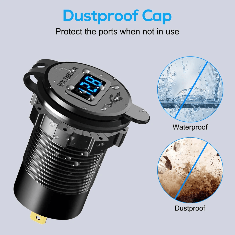 Quad Port Fast Car Charger QC 30  USBC Outlet Socket For Boat RV Marine Charging Voltmeter  Dustpro 4