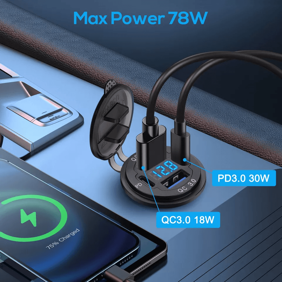 Quad Port Fast Car Charger QC 30  USBC Outlet Socket For Boat RV Marine Charging Voltmeter  Dustpro 1