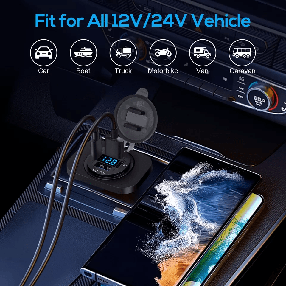 Quad Port Fast Car Charger QC 30  USBC Outlet Socket For Boat RV Marine Charging Voltmeter  Dustpro 2