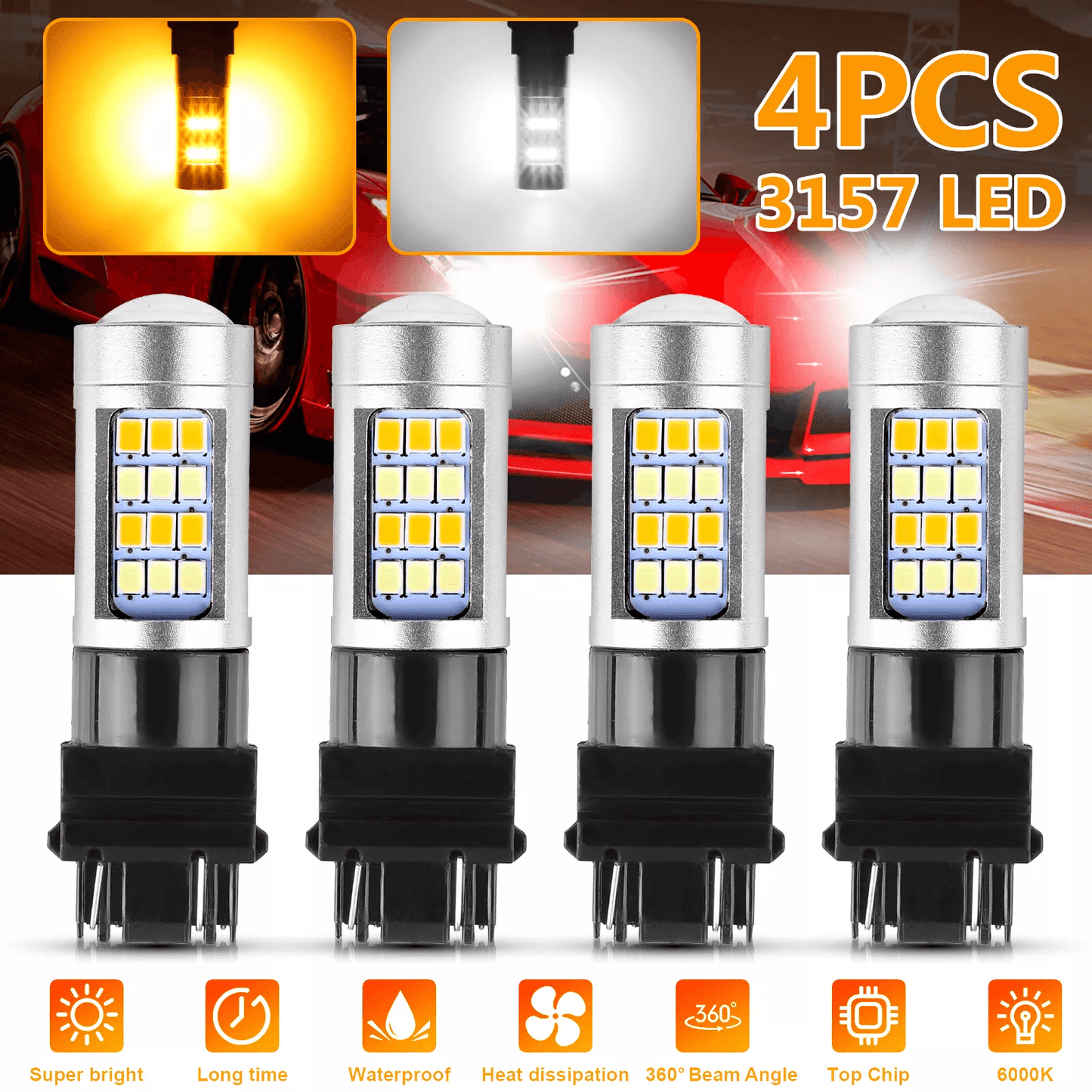 White Amber LED Turn Signal Bulbs, DRL Switchback Error-Free Parking Light Kit
