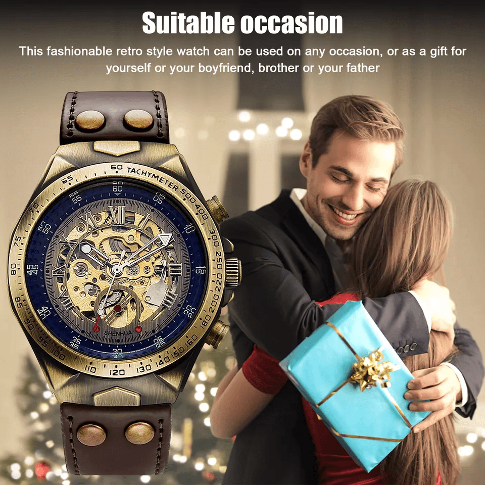 Luxury Mens Automatic Mechanical Watch Retro Skeleton Dial Leather Strap 1