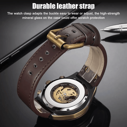 Luxury Mens Automatic Mechanical Watch Retro Skeleton Dial Leather Strap 5