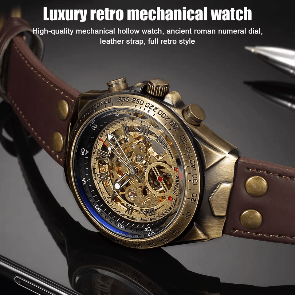 Luxury Mens Automatic Mechanical Watch Retro Skeleton Dial Leather Strap 4