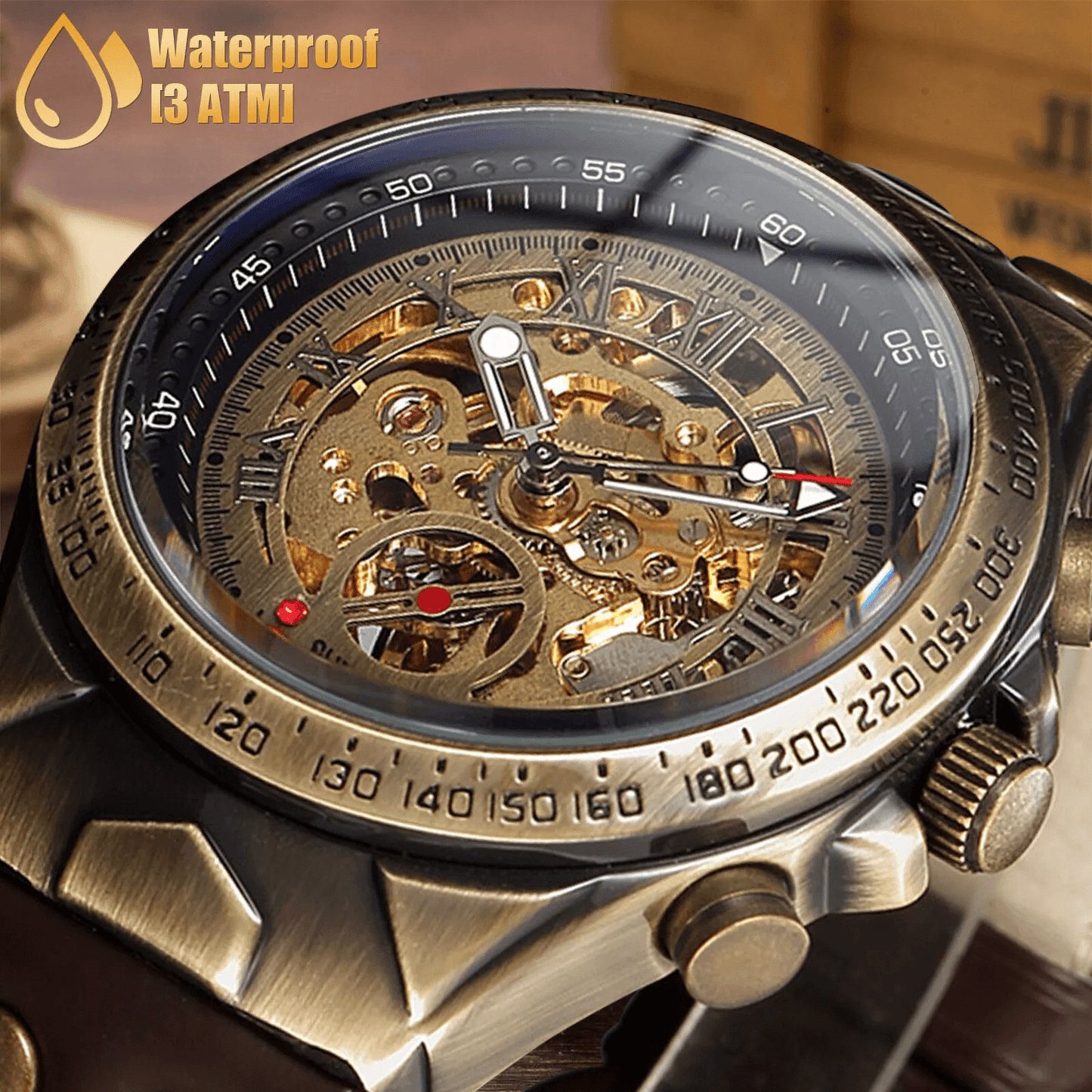 Luxury Men's Automatic Mechanical Watch Retro Skeleton Dial Leather Strap