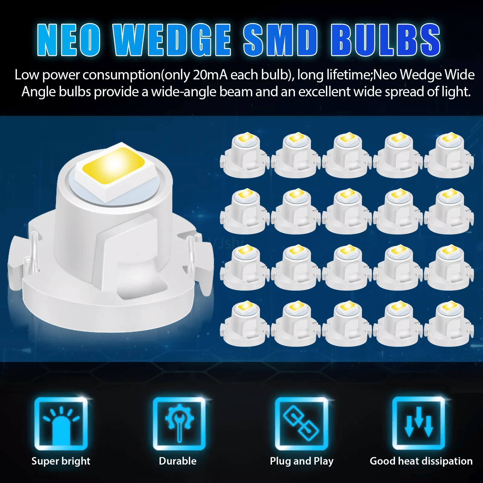 20x White Neo Wedge LED Dash Switch AC Climate Control HVAC Light Bulbs 12V Instrument Panel Replac 1