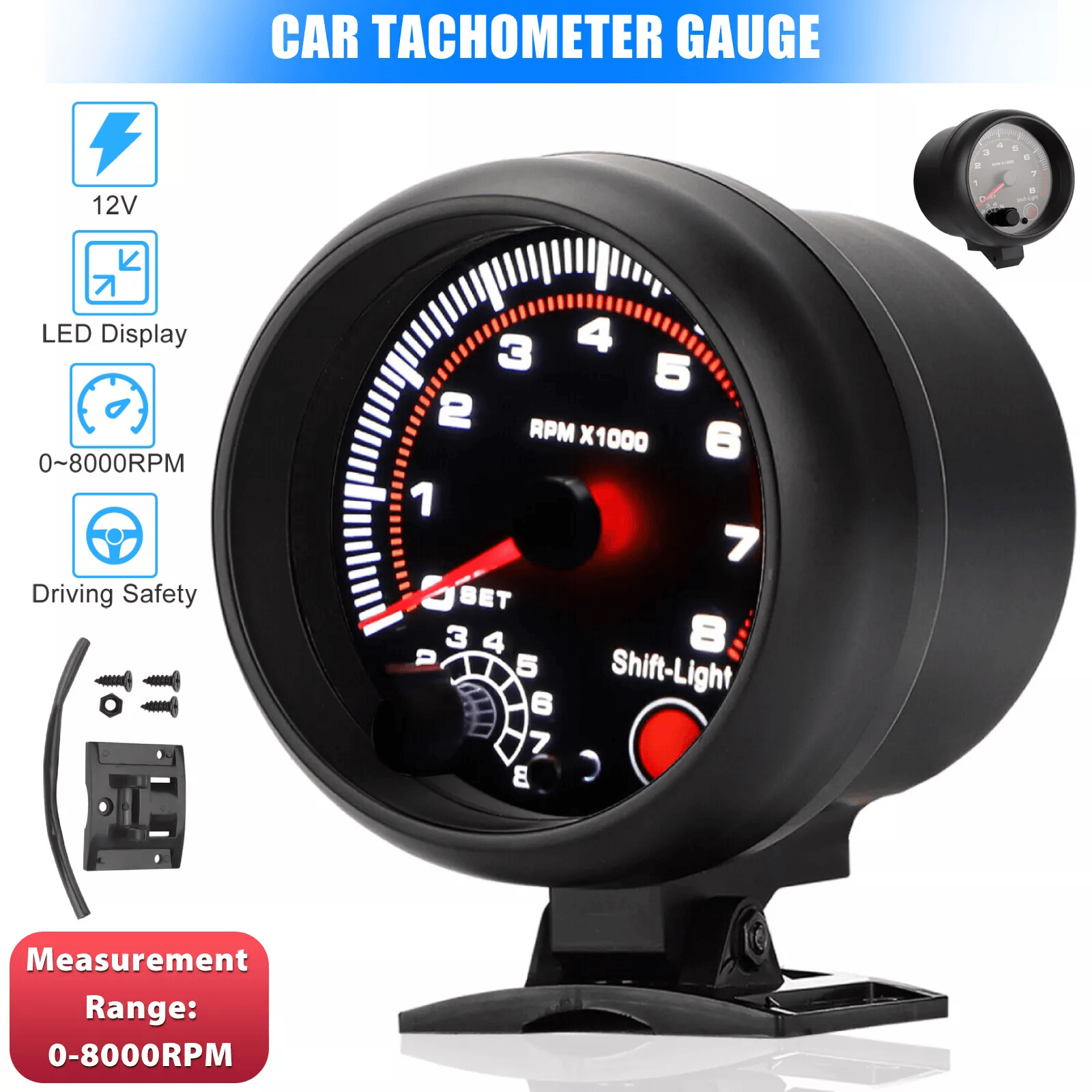 Universal Car Tachometer Gauge With LED Shift Light 08000 RPM For 12V Petrol Engines Compatible Wit 1