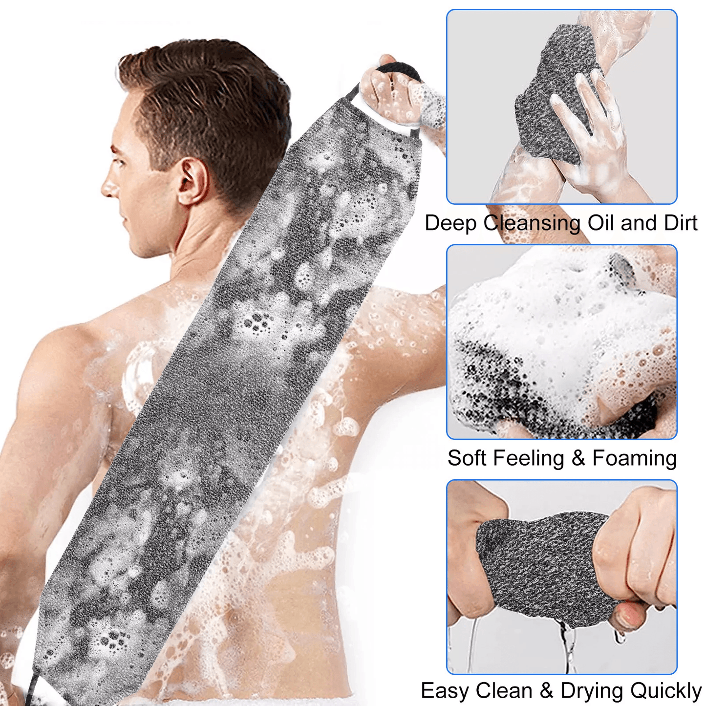 Exfoliating Back Scrubber Towel Strip for Shower Bath - Soft Skin Body Wash Cloth for Spa and Exfoliation