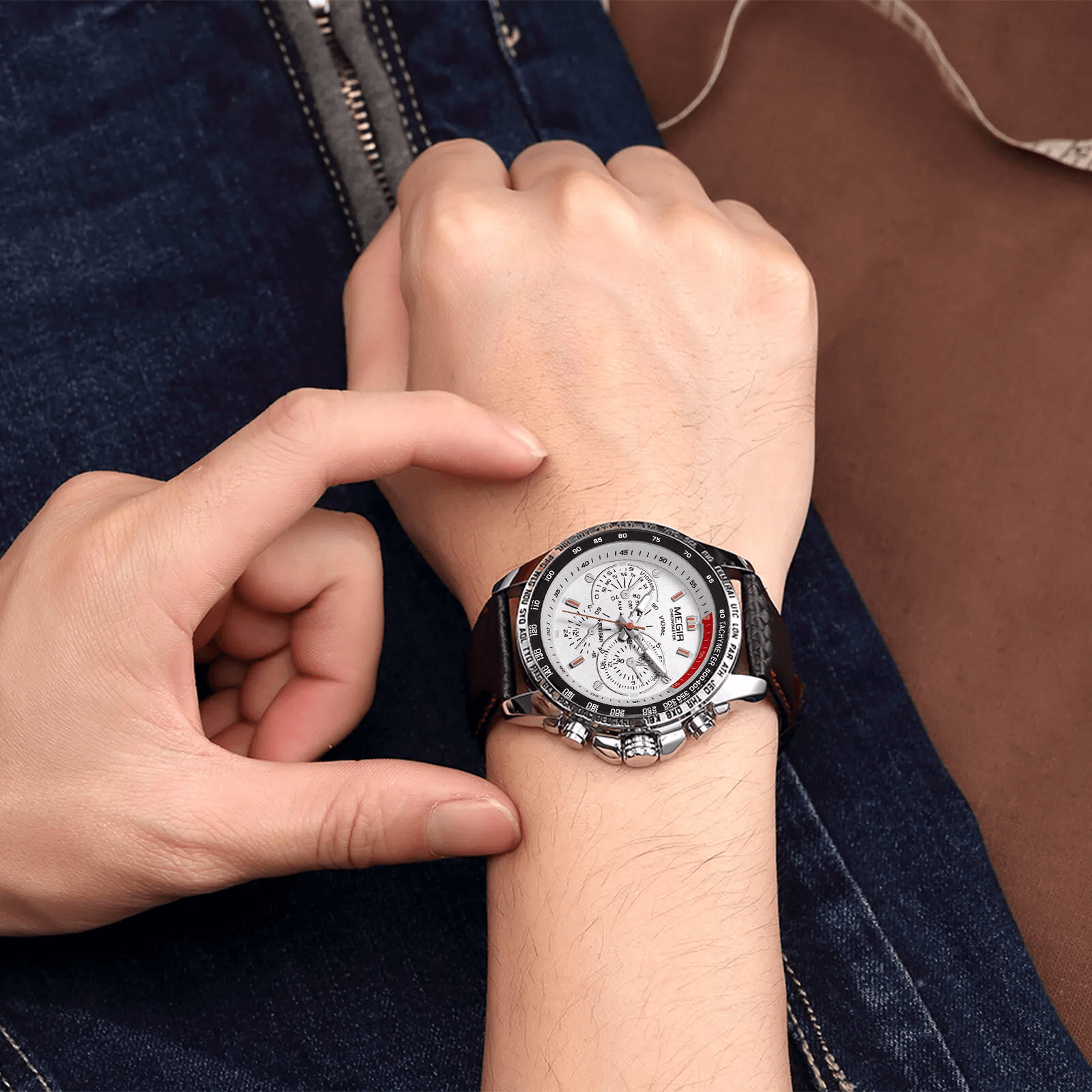 Waterproof MEGIR Mens Stainless Steel Analog Sports Quartz Military Wrist Watch  Stylish Leather Ba 5