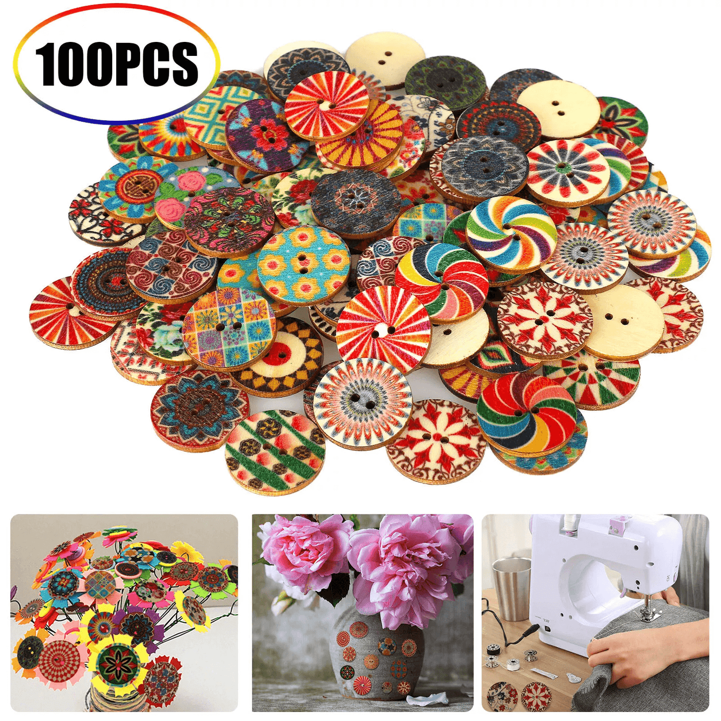 Lot of Wooden Art Buttons 2-Hole Mixed Colors for DIY Sewing, Scrapbooking & Crafts