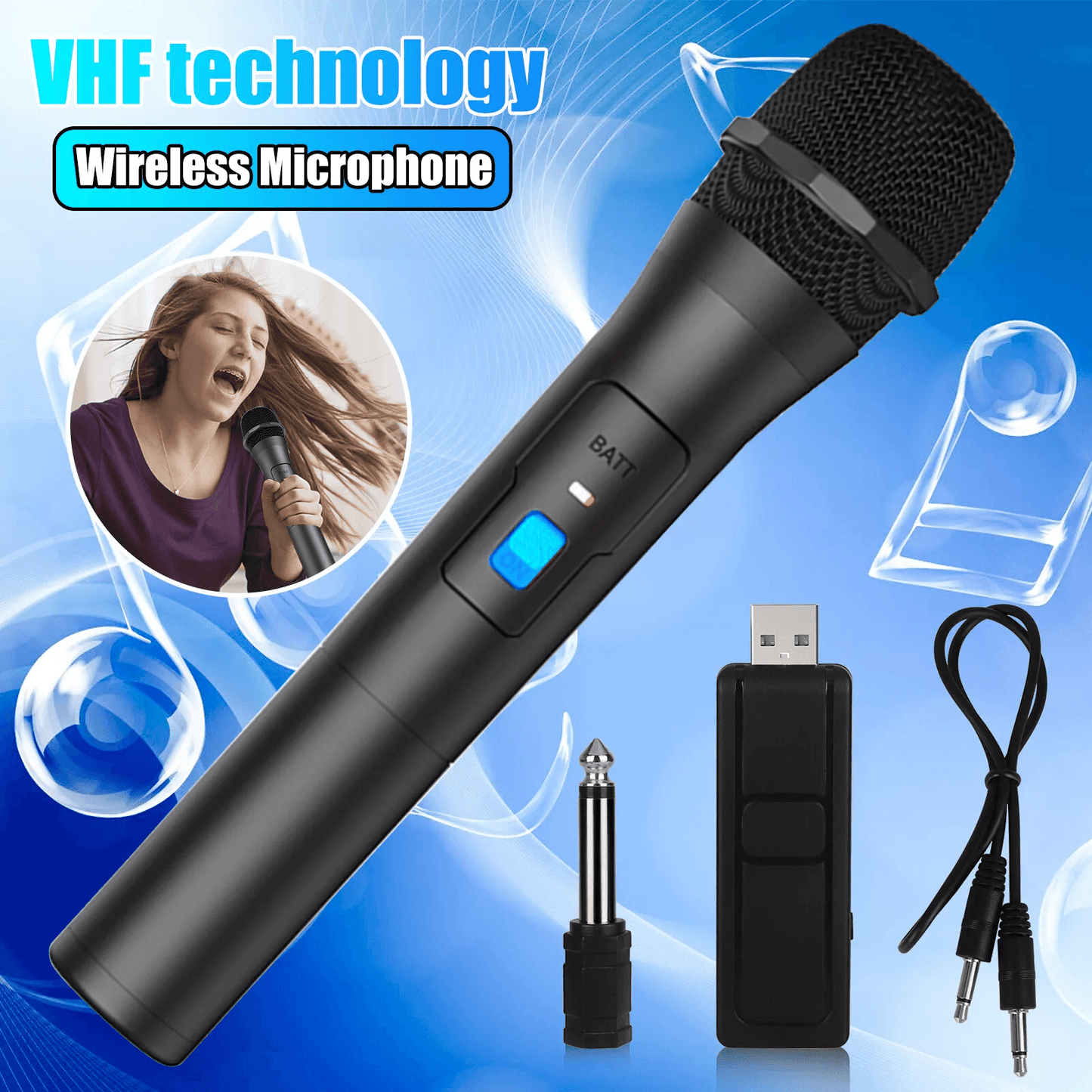 Professional VHF Handheld Wireless Microphone System with USB Receiver, Ideal for Karaoke, Events, and Presentations
