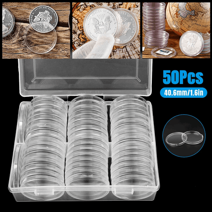 50X Coin Holder Capsules Case 40.6mm Clear with Storage Box for Silver Dollar Perfect for Coin Collection and Display