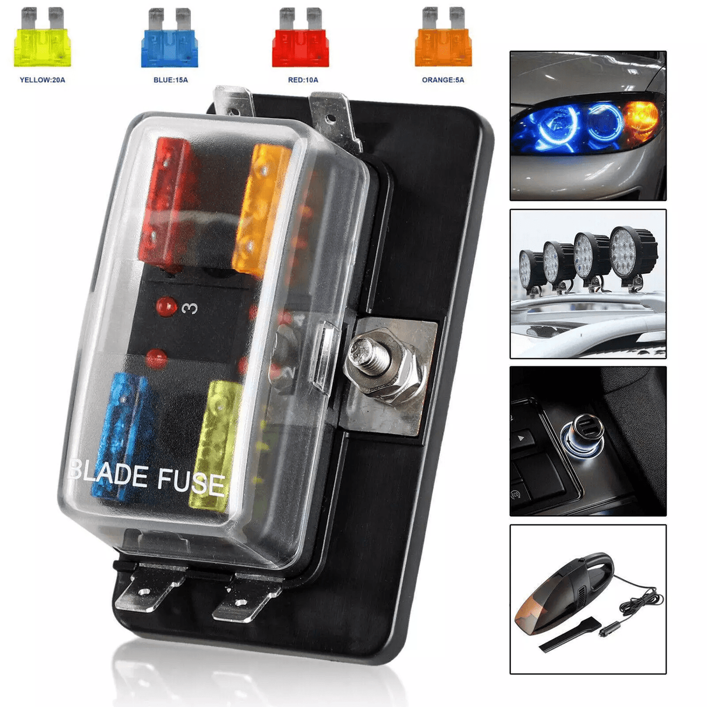 4-Way Blade Fuse Box Holder with LED Indicator for 12V/24V Automotive, Marine, RV, and Boat Applications