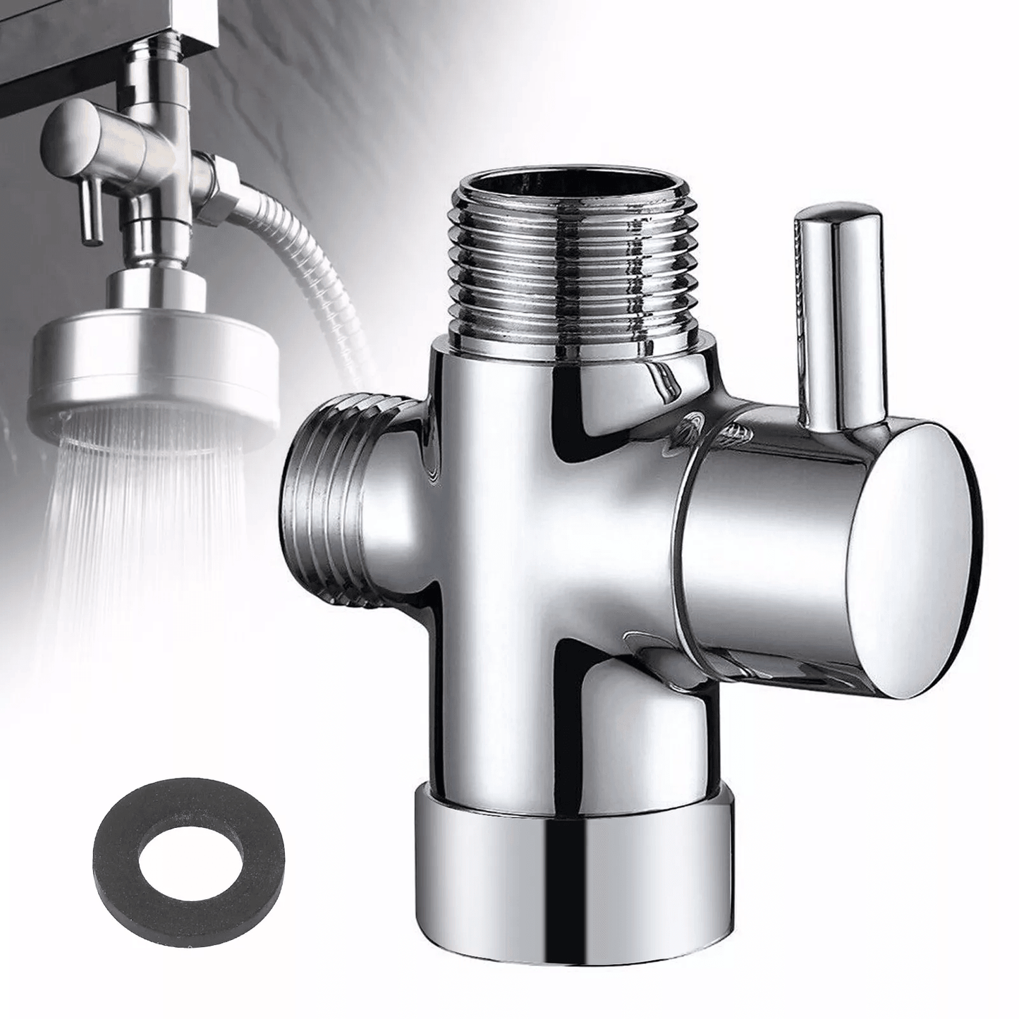 Shower Head Diverter Valve 3-Way T-Adapter with Water Splitter Tap Switch, Universal Connection for Fixed & Handheld