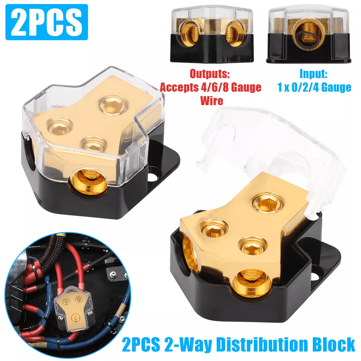 Car Audio Splitter Amp Power Distribution Block 0/2/4 Gauge In, 4/6/8 Gauge Out 2-Way Ground Terminal for Amplifiers