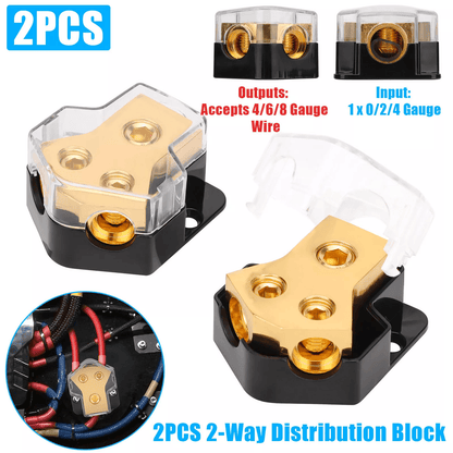 Car Audio Splitter Amp Power Distribution Block 0/2/4 Gauge In, 4/6/8 Gauge Out 2-Way Ground Terminal for Amplifiers