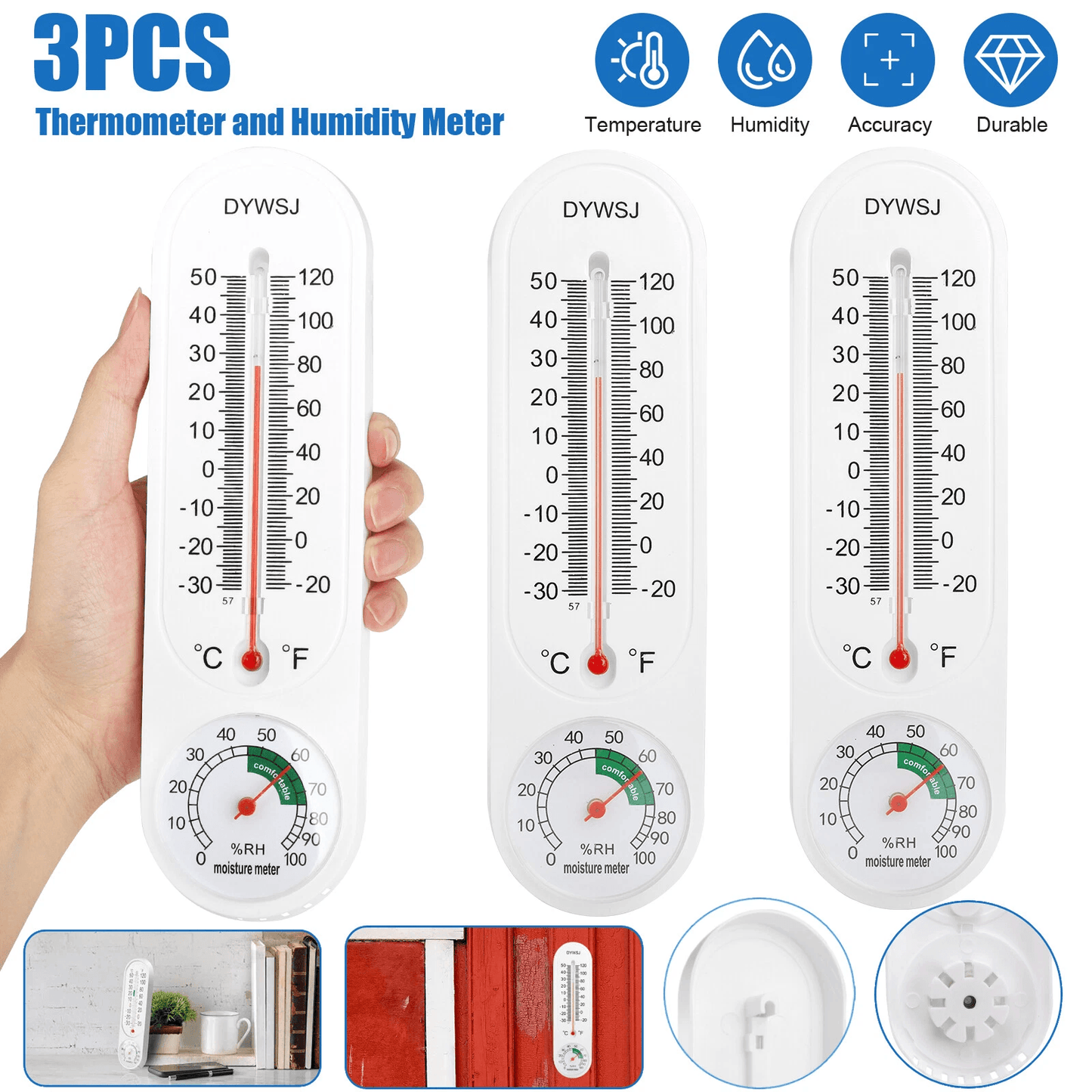 3Pcs Wall Thermometer Indoor Outdoor Yard Garden Greenhouse Home Humidity Meter