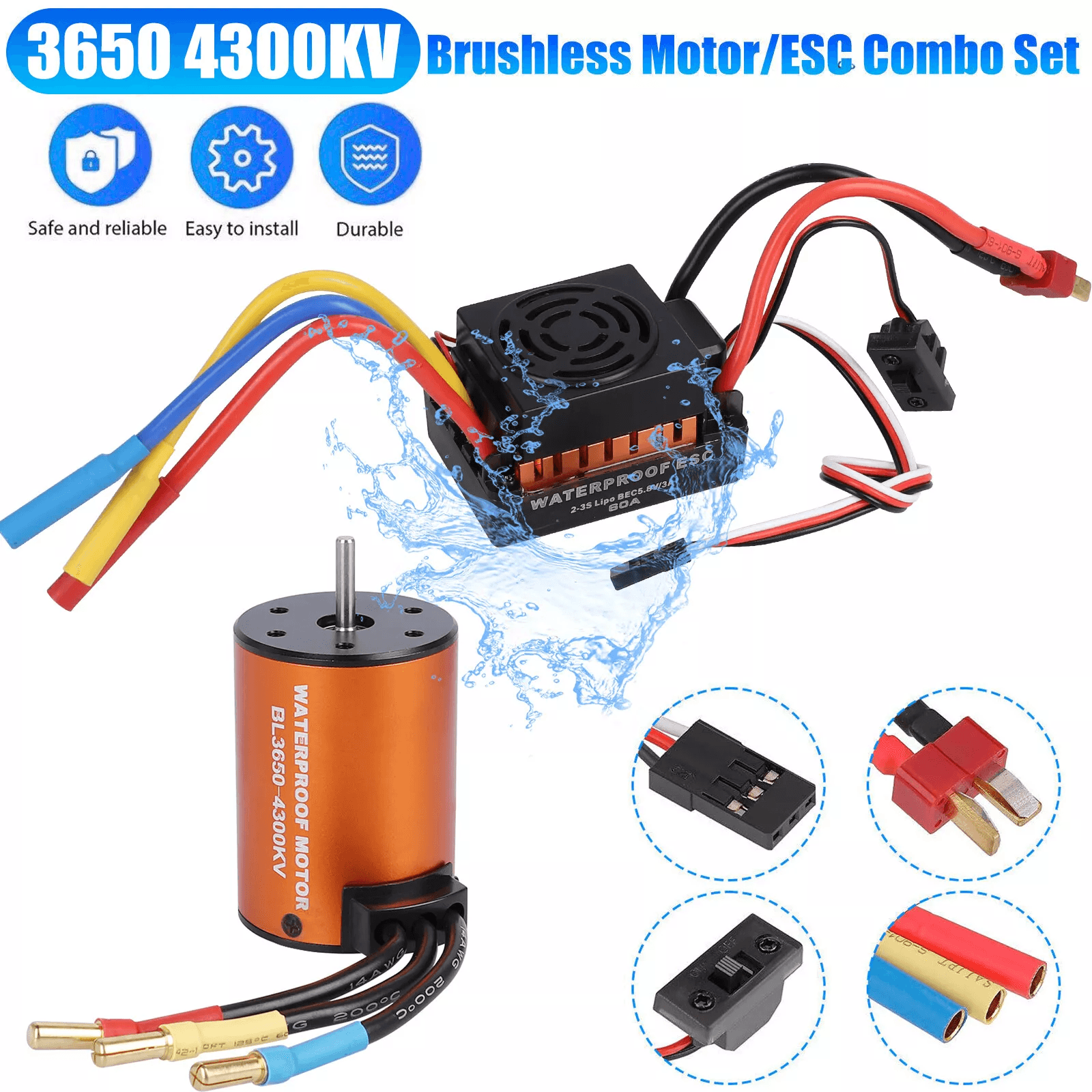 Brushless Motor Waterproof 3650 4300KV Upgrade with 60A ESC Combo for RC Car Truck High Torque Heat-Resistant Design