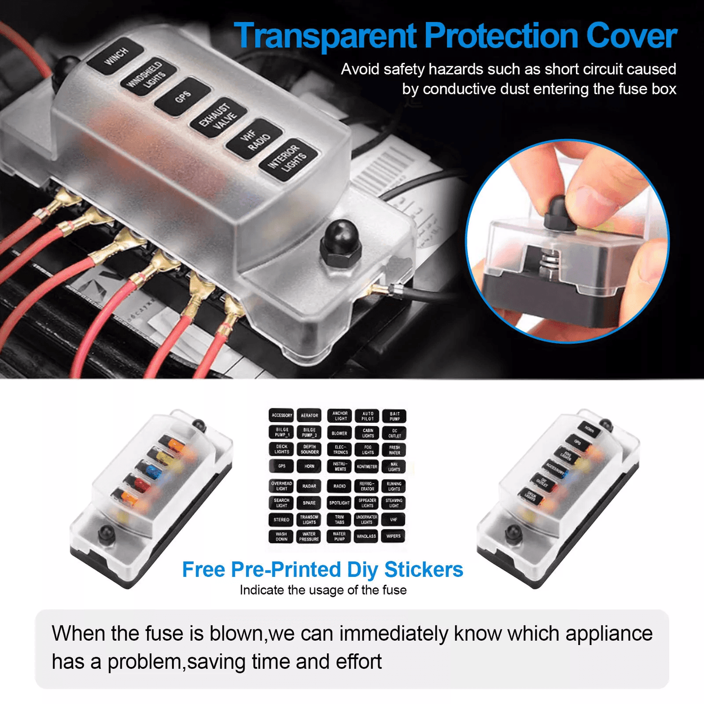 Universal 6 Way Blade Fuse Block For Car Boat RV  12V 24V Auto Power Distribution Holder With Cover 3