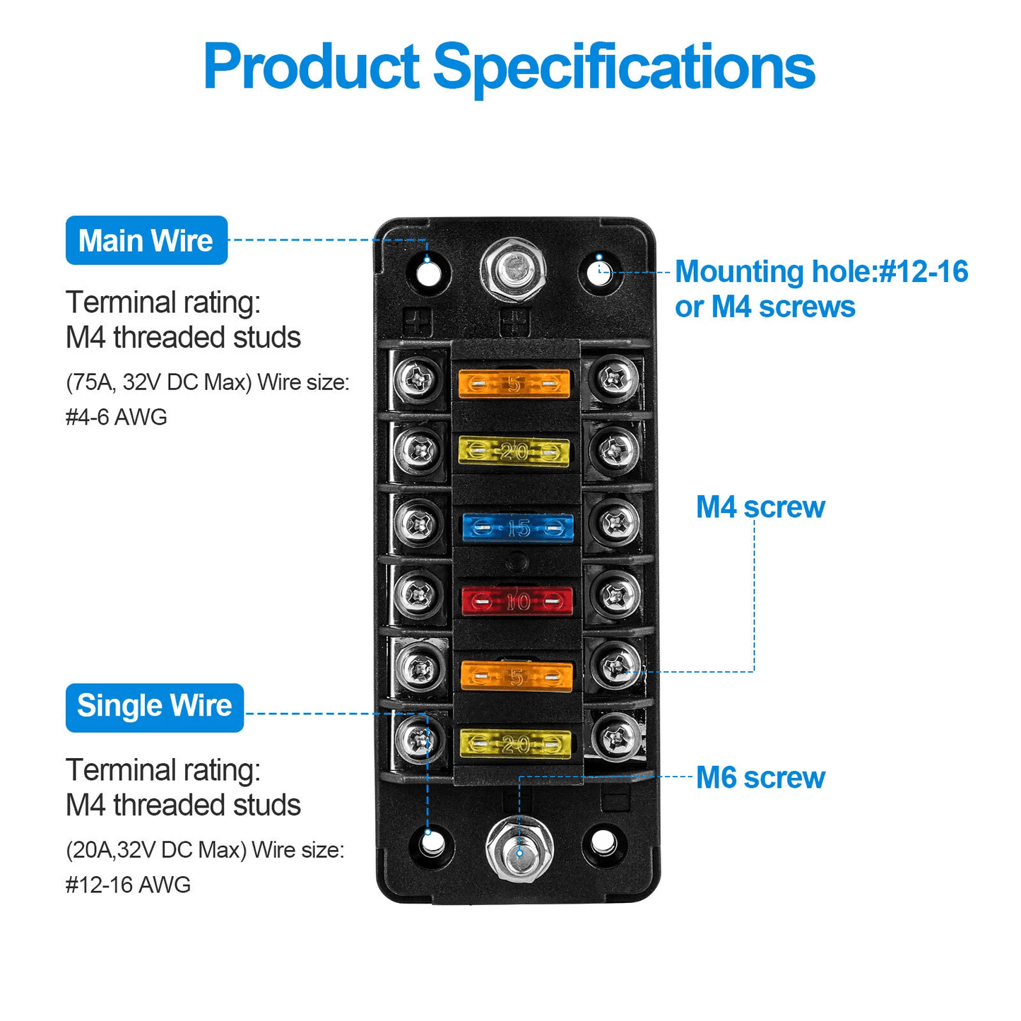 Universal 6 Way Blade Fuse Block For Car Boat RV  12V 24V Auto Power Distribution Holder With Cover 5