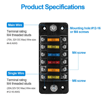 Universal 6 Way Blade Fuse Block For Car Boat RV  12V 24V Auto Power Distribution Holder With Cover 5