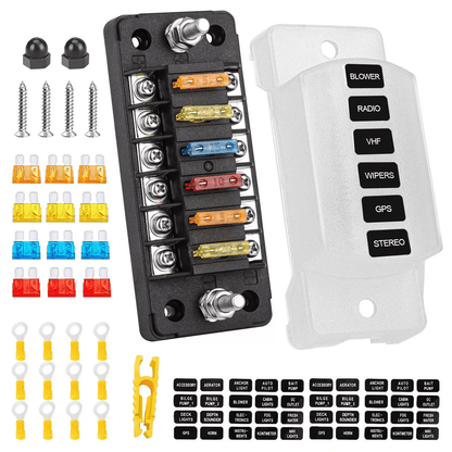 Universal 6 Way Blade Fuse Block for Car Boat RV – 12V 24V Auto Power Distribution Holder with Cover, Fuse Box Kit