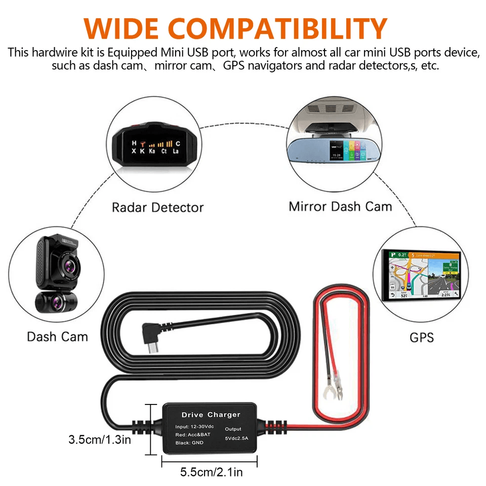 Universal Dash Cam Hardwire Kit Mini USB Cable Fuse For Car DVR Camera 2