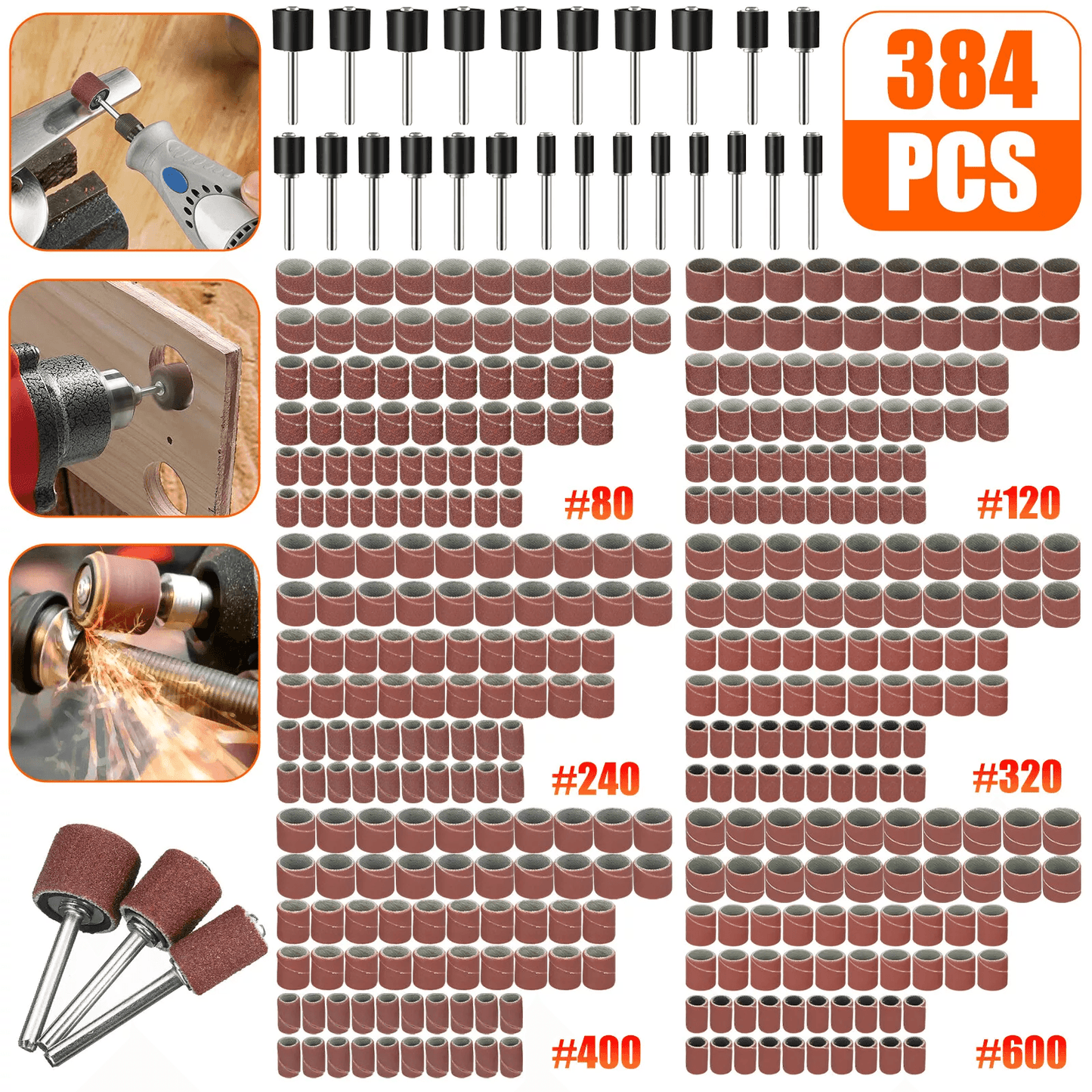 384PCS Sanding Drum Kit for Dremel Rotary Tool Nail Drill Bits Set with Mandrels, Polishing Accessories for Woodworking