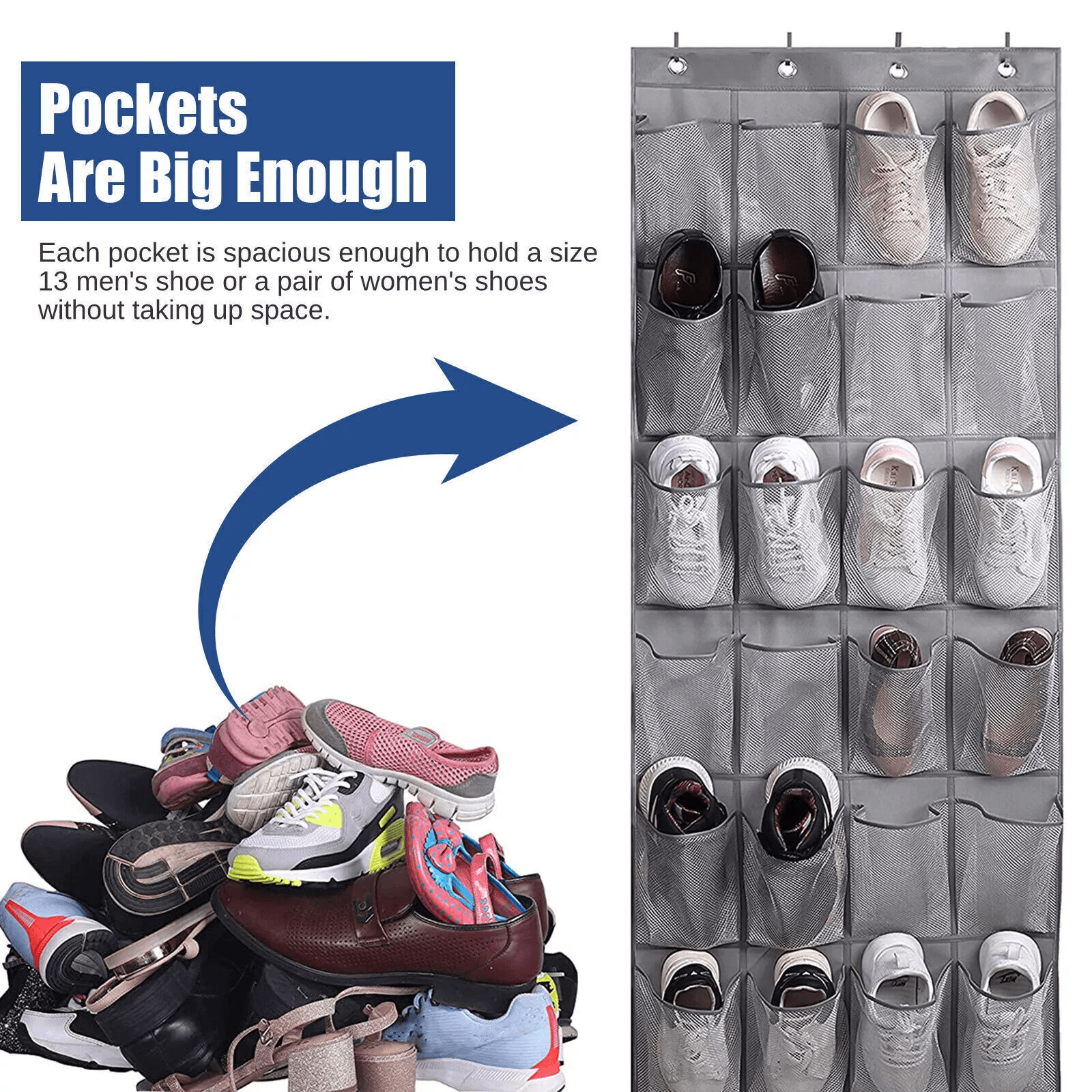 28 Grids Over Door Shoe Organizer Rack Hanging Storage Holder With Mesh Pockets For Closet Bathroom 1