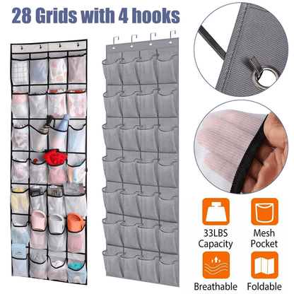 28 Grids Over Door Shoe Organizer Rack Hanging Storage Holder with Mesh Pockets for Closet, Bathroom, Dorm, Bedroom,