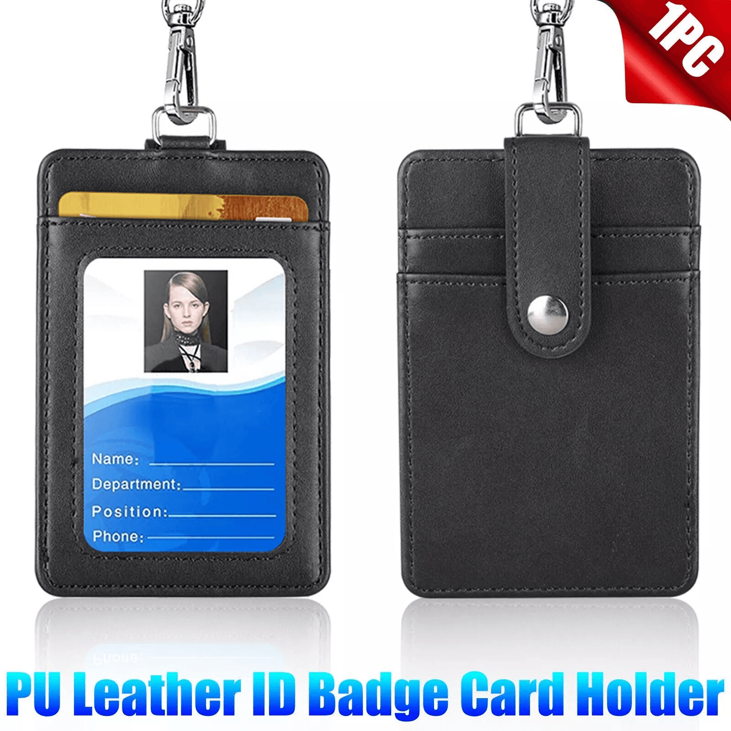 PU Leather ID Badge Card Holder with Vertical Clip & Neck Lanyard Strap Case