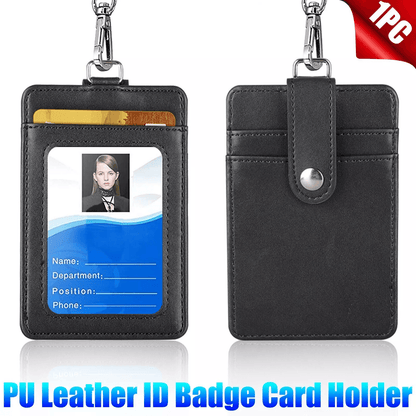 PU Leather ID Badge Card Holder with Vertical Clip & Neck Lanyard Strap Case