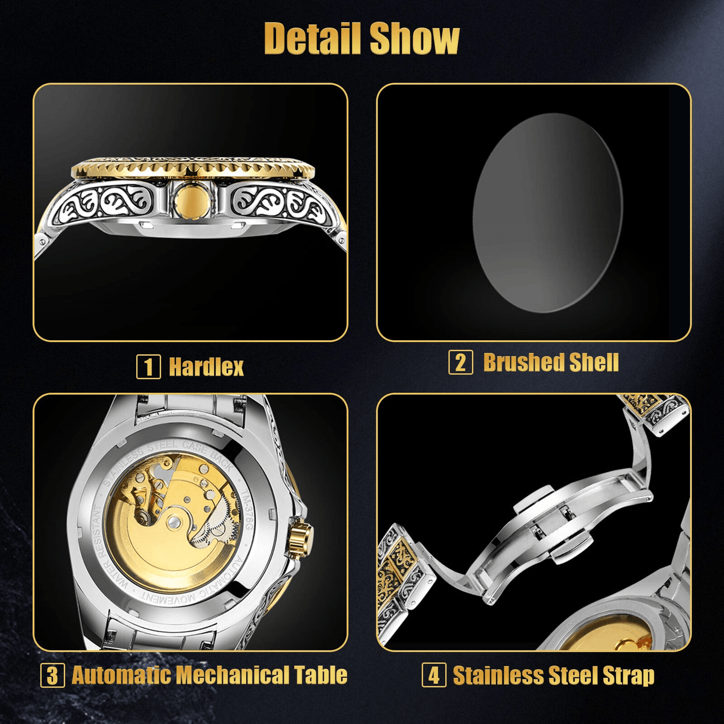 Luxury Men Stainless Steel Automatic Mechanical Wrist Watch Gold Skeleton Dial SelfWinding Waterpro 5