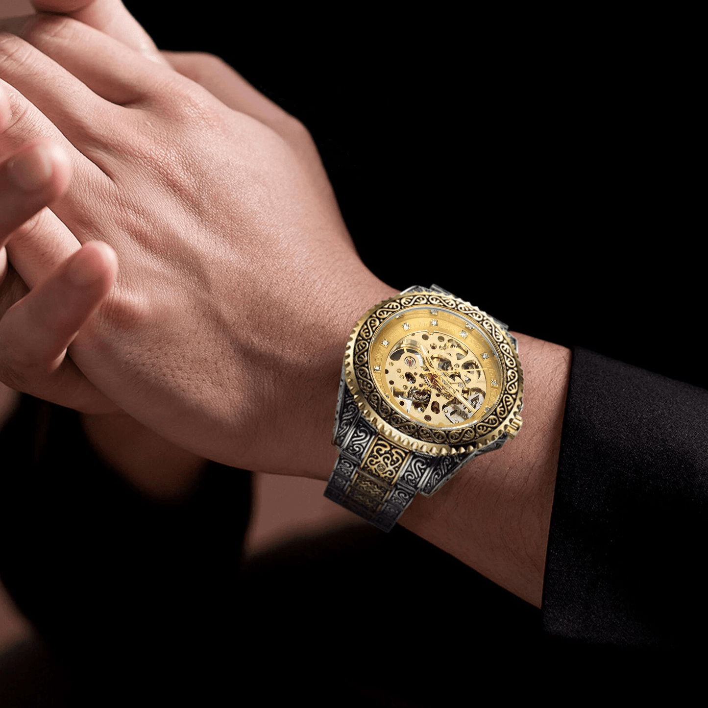 Luxury Men Stainless Steel Automatic Mechanical Wrist Watch Gold Skeleton Dial SelfWinding Waterpro 4