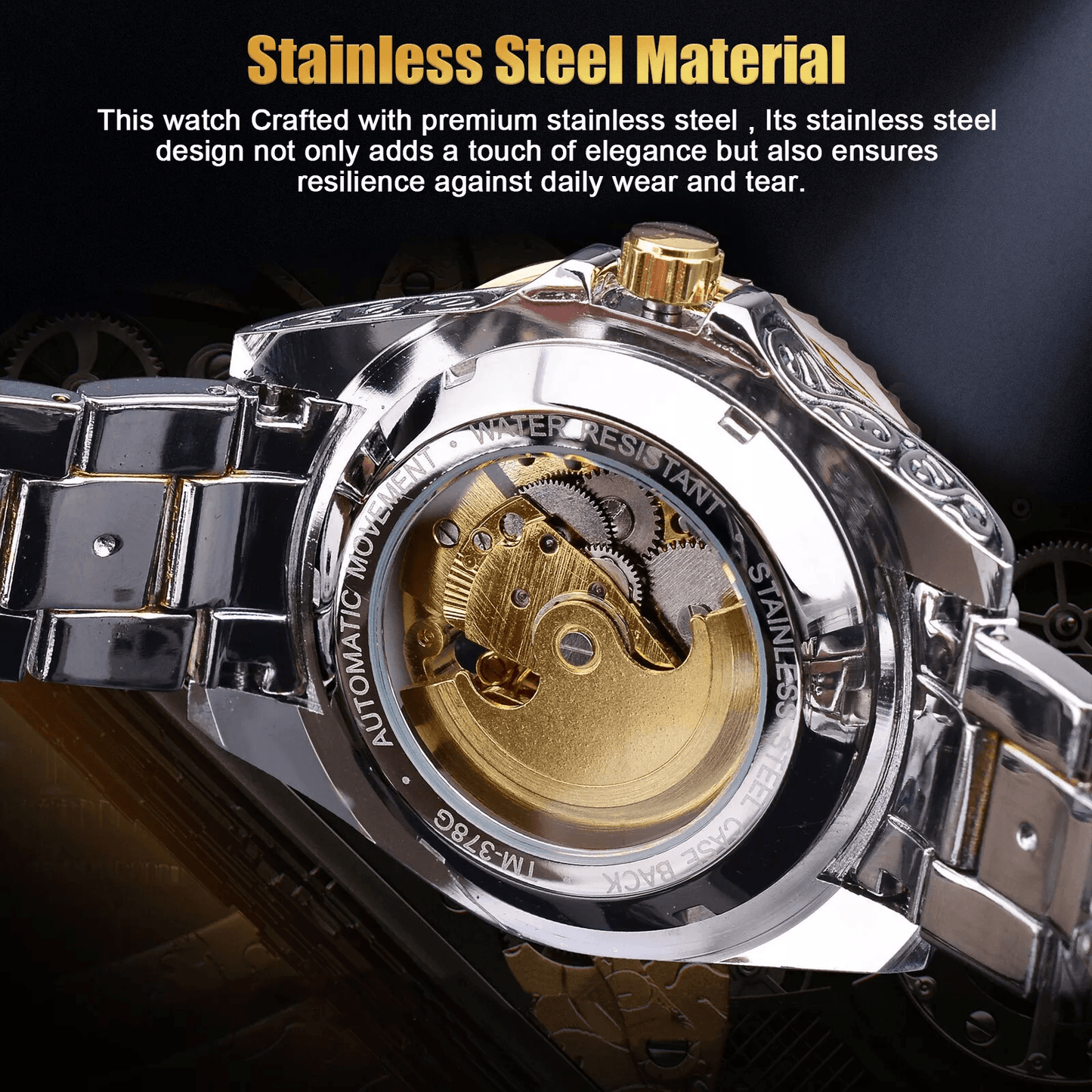 Luxury Men Stainless Steel Automatic Mechanical Wrist Watch Gold Skeleton Dial SelfWinding Waterpro 6