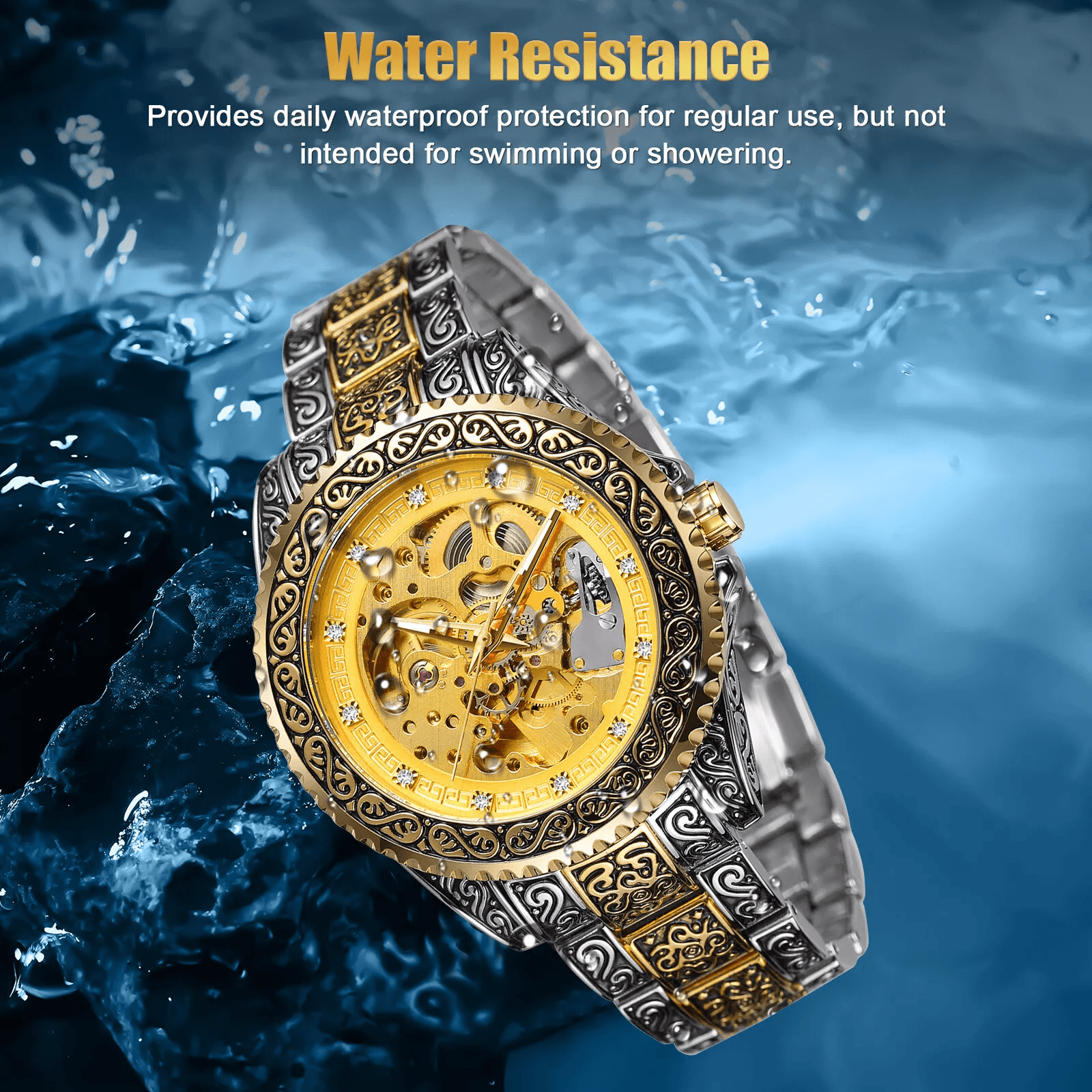 Luxury Men Stainless Steel Automatic Mechanical Wrist Watch Gold Skeleton Dial SelfWinding Waterpro 2